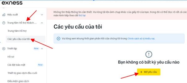 Mở yêu cầu tại khu vực cá nhân